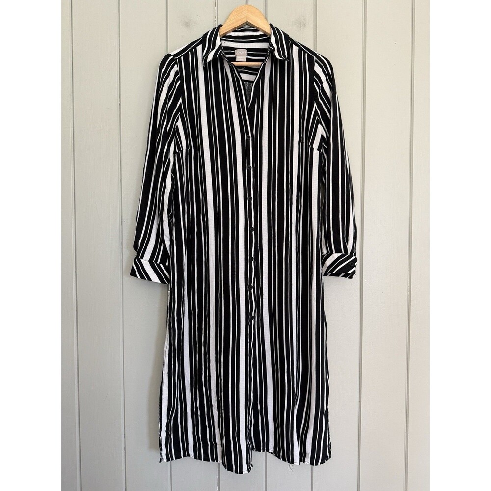 Chico's Button Up Long Tunic Shirt Dress Black White Stripe Cover Up, size 8